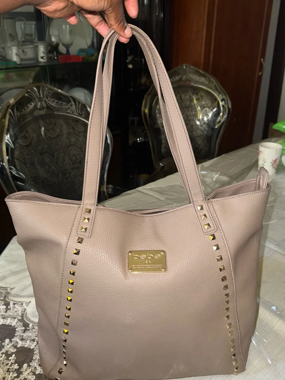 bebe Blush Pink Tote with Gold Stud Accents
